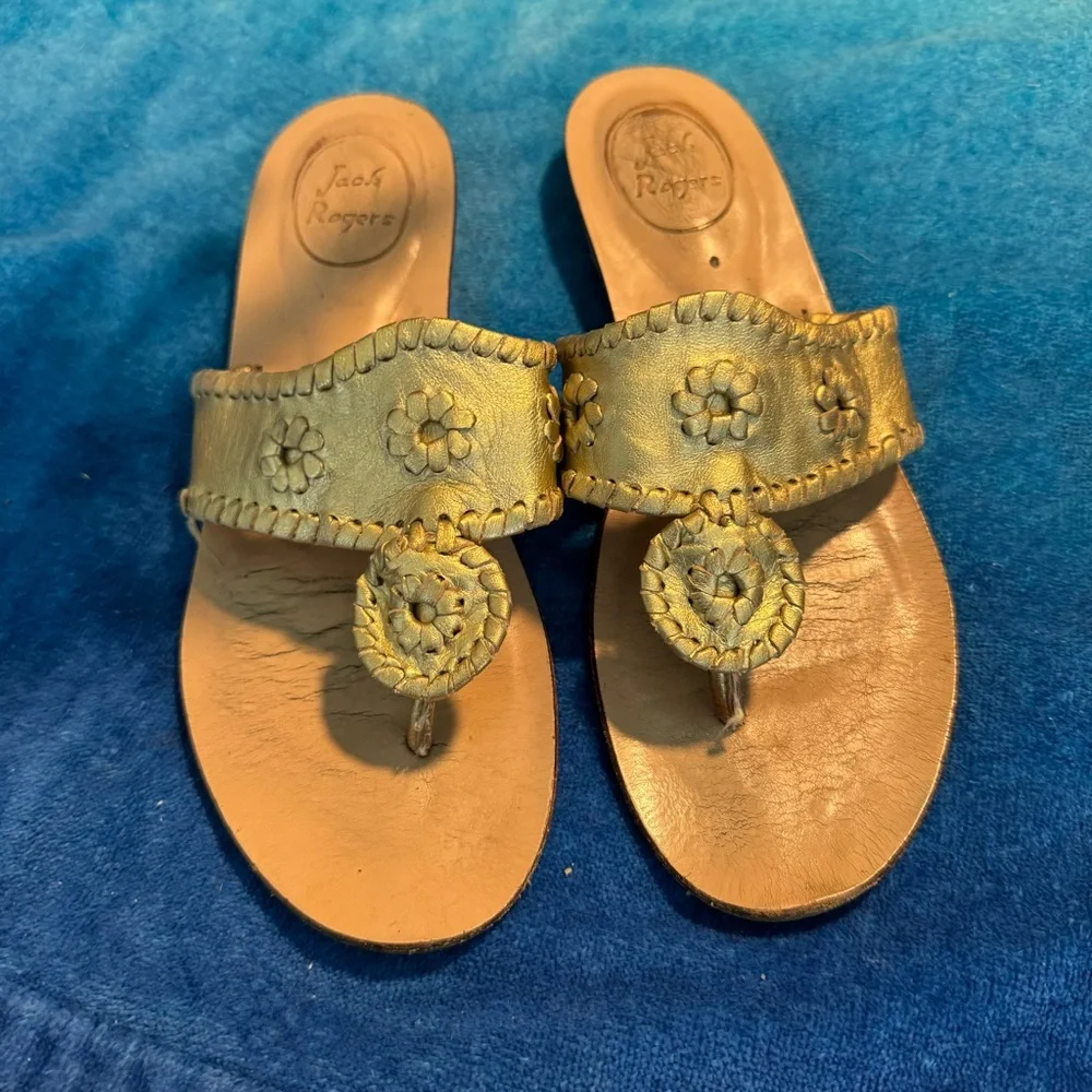 Jack Rogers Gold Leather Sandals Size 8M | Classic Whipstitch Thong Slide - Picture 1 of 4